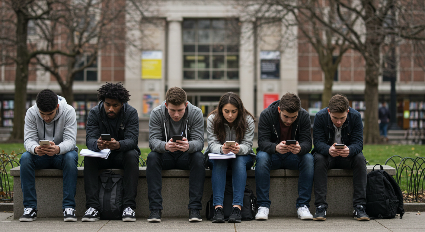 청년들이 취업하기 위하여 휴대폰으로 일자리를 찾고 있는 이미지