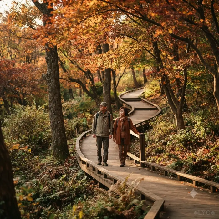 을 정원에서 완만한 경사가 있는 데크 산책길