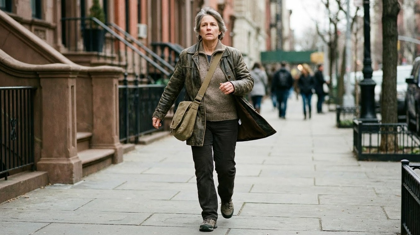 활기차게 빠르게 걷고(경보) 있는 중년 남성/여성의 전신 사진