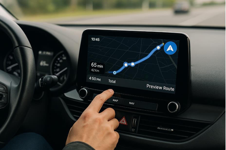 운전자가 차량 내비 화면에서 경유지 포함 경로 확인