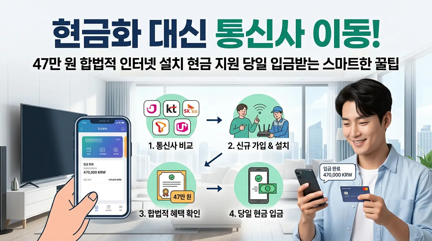 현금화 대신 통신사 이동을 통해 47만 원의 합법적인 인터넷 설치 현금 지원을 당일 입금받는 스마트한 꿀팁