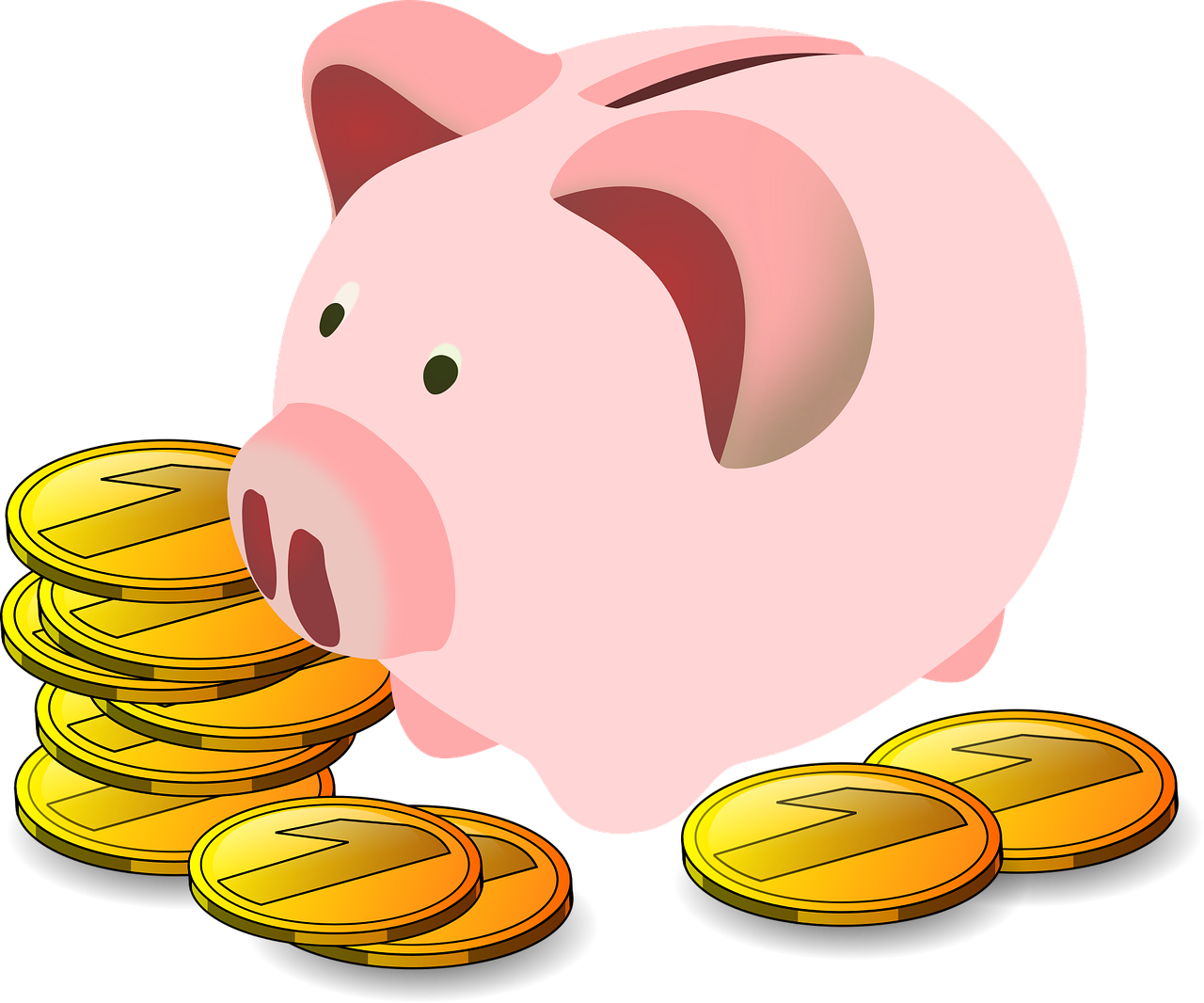 돼지 저금통 주변에 동전들이 놓여있는 그림