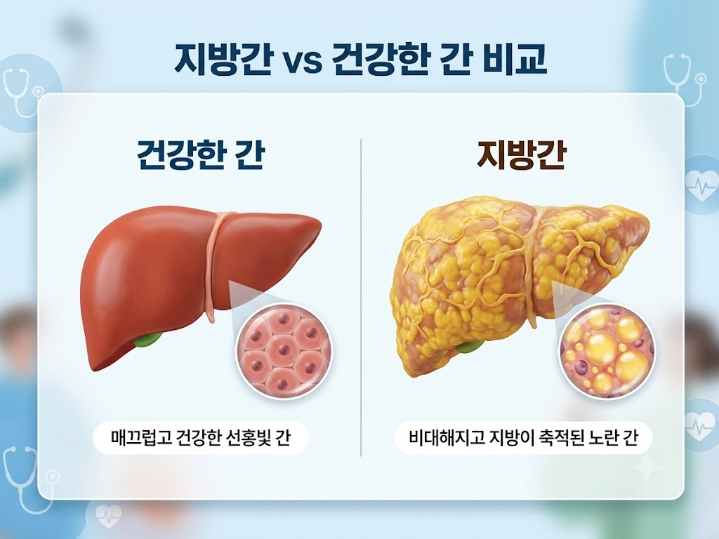 건강한 간과 지방간이 낀 간의 비교 이미지