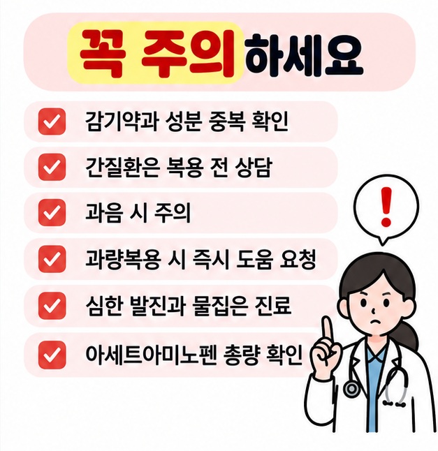 타이레놀 복용 시 아세트아미노펜 중복복용, 과량복용, 간질환, 음주, 심한 피부반응을 주의하도록 정리한 카드