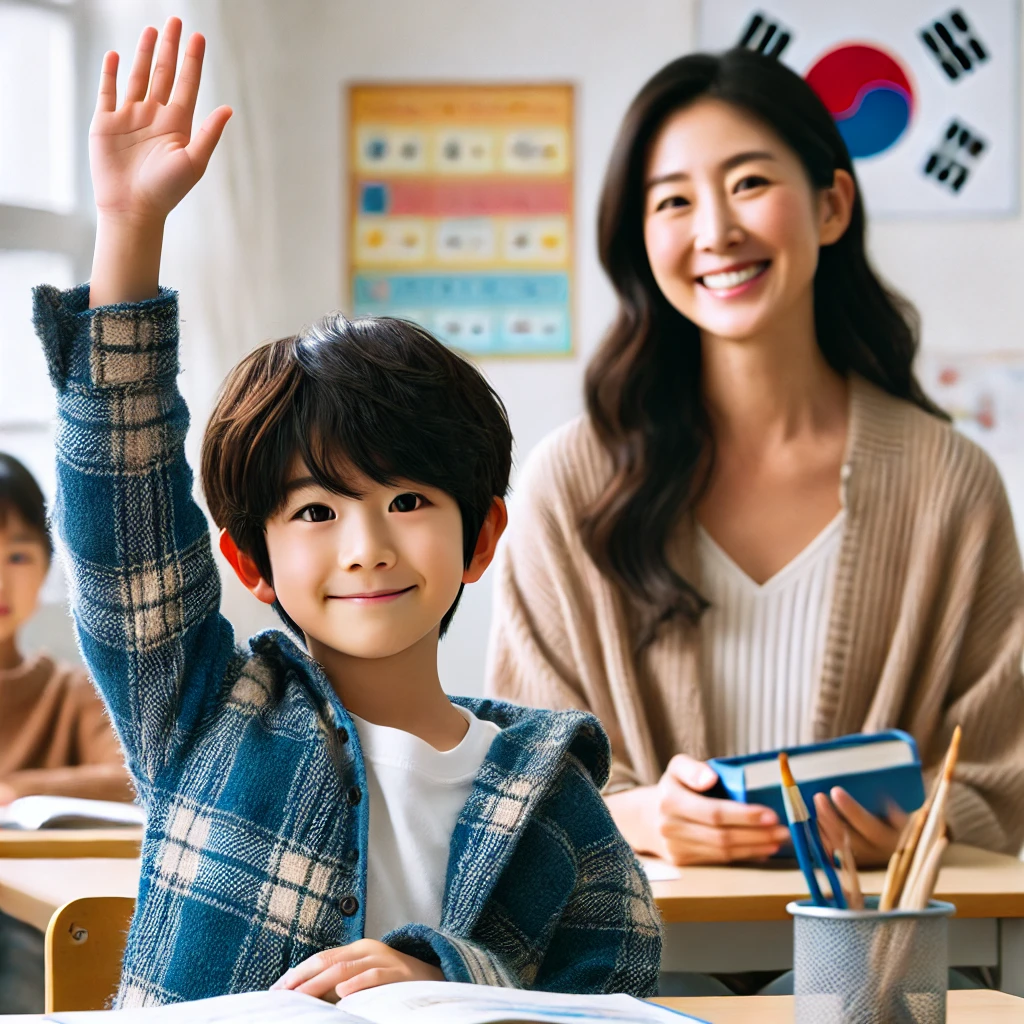교실에서 자신 있게 손을 들고 발표에 참여하는 어린 소년과 이를 격려하는 선생님