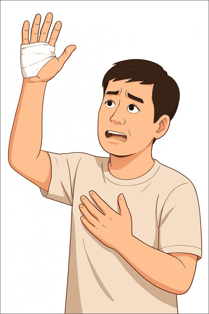 남자가-채칼에-다친-손을-붕대로-감싸고-높이-들고-있다.