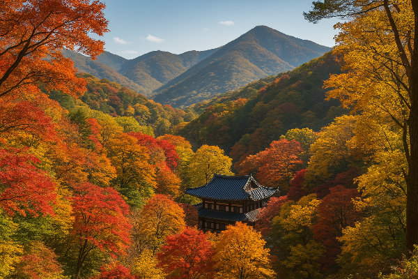 A serene mountain temple surrounded by red and orange autumn trees, reflecting the beauty of Korean fall foliage in a tranquil setting.