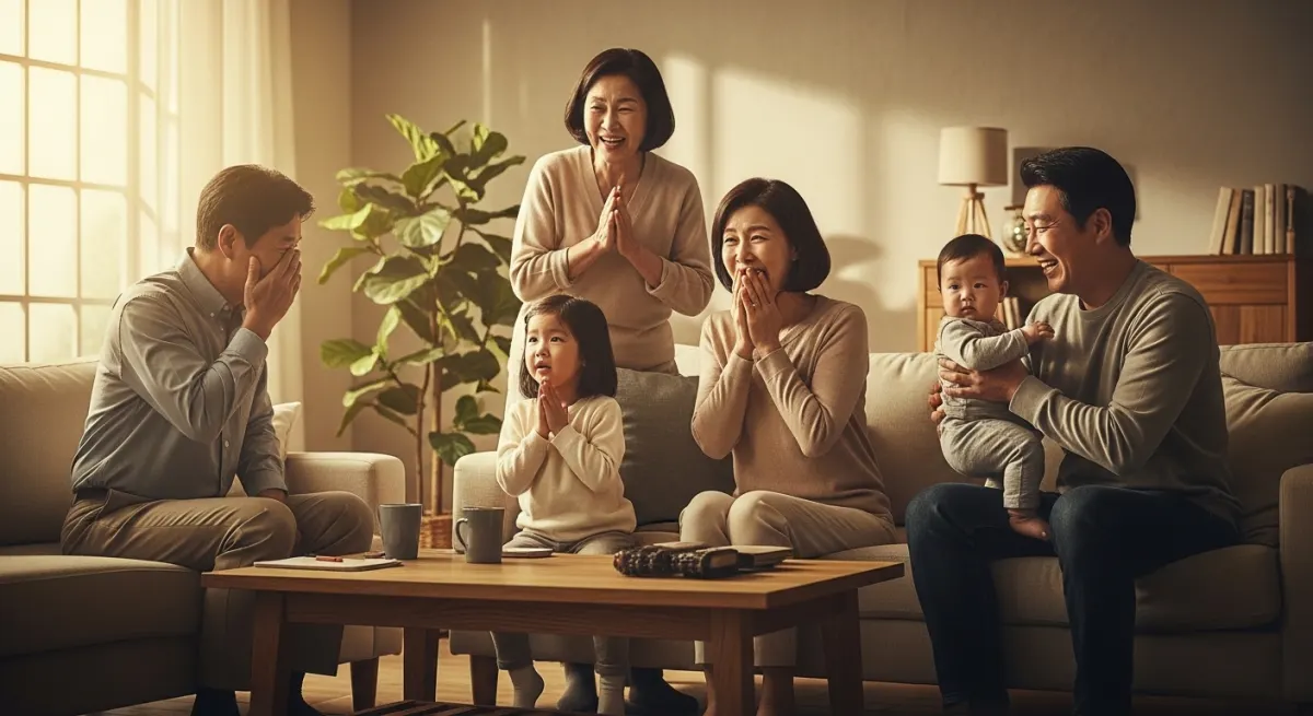 2026년 육아휴직 급여 개편으로 경제적 고민을 해결한 후, 따뜻한 햇살이 드는 거실에서 아이와 함께 행복하게 웃는 한국인 가족의 풀샷 라이프스타일 이미지