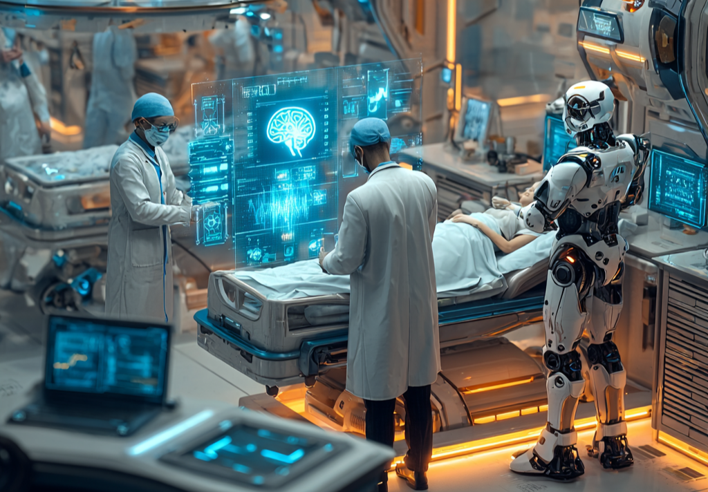 AI 로봇과 의료진이 협업하는 병원 / Midjourney