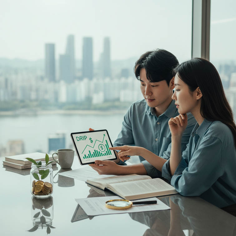 미국 ETF 분배금 재투자 (DRIP)를 주제로 한국인 부부가 창가에서 태블릿을 보며 세금 구조와 복리 수익 전략을 논의하는 트렌디한 이미지
