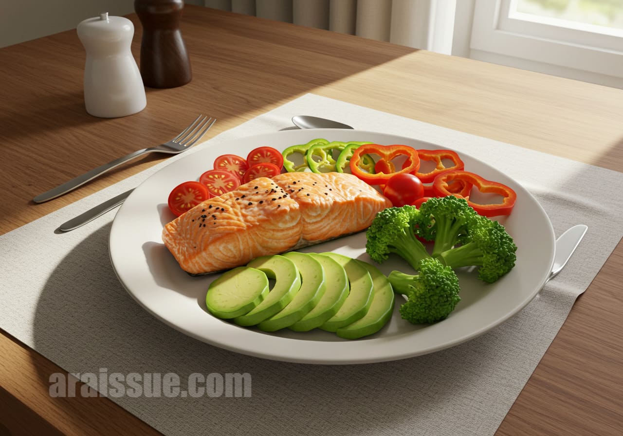 연어, 아보카도, 신선한 채소로 구성된 균형 잡힌 식사 접시가 테이블 위에 놓여 있는 모습.