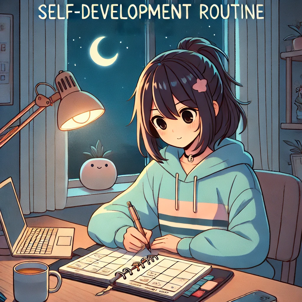 An illustration of a young professional in a cozy room at night