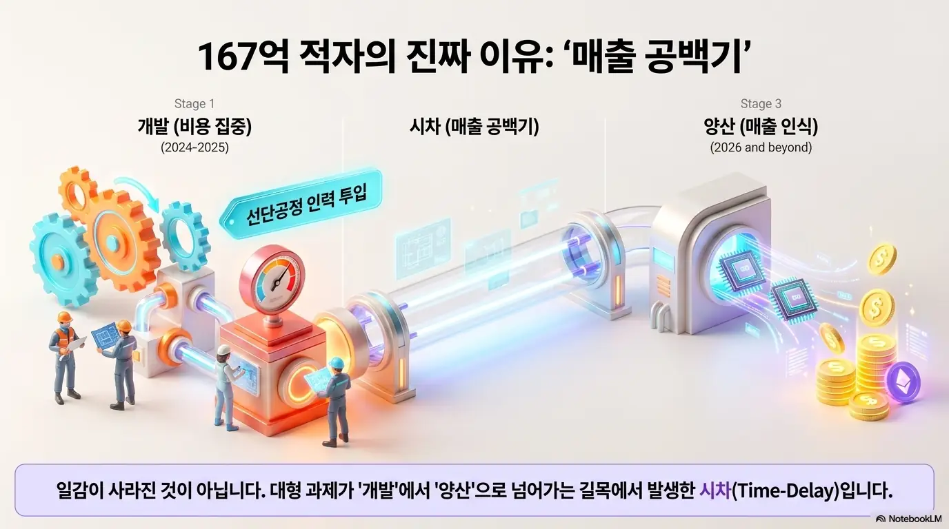 가온칩스 주가 전망: 개발 단계 비용 집중에서 양산 매출 인식으로 넘어가는 과정의 시차를 파이프라인으로 표현한 가온칩스 적자 원인 인포그래픽. 167억 적자가 일감 감소가 아니라 개발에서 양산으로 가는 길목의 매출 공백기 때문임을 시각적으로 전달하며&amp;#44; 가온칩스 실적 분석을 설명함.