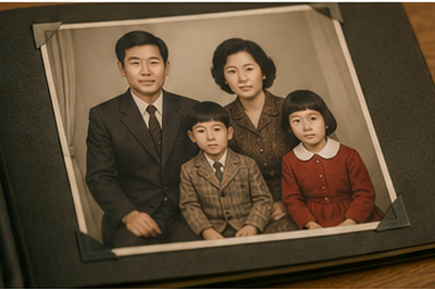 부모와 두 아이가 함께 찍힌 인화 사진이 검은색 사진 앨범 위에 놓여 있는 모습