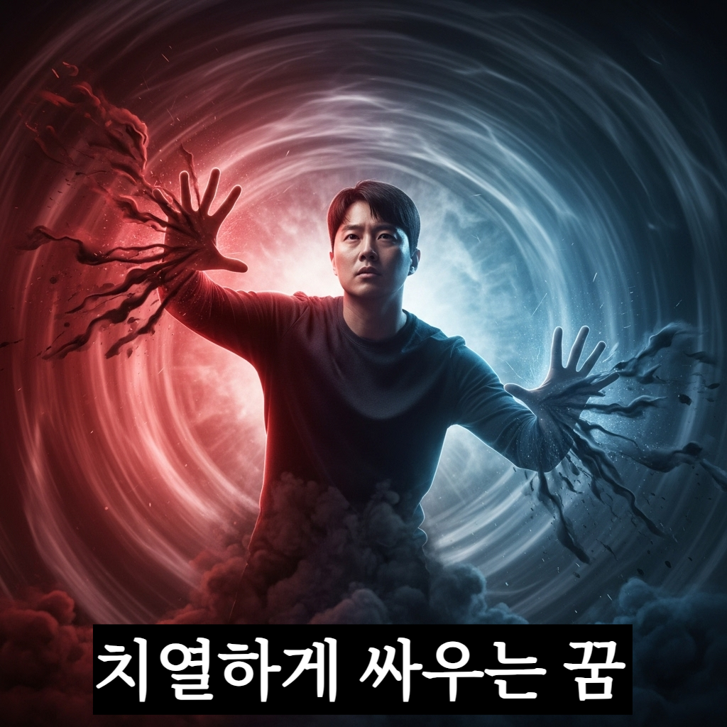 어두운 밤을 뚫고 쏟아지는 붉고 푸른 에너지가 격렬하게 충돌하는 가운데 그 한복판에서 당당하게 승리의 포효를 내지르는 현대적인 한국인 남성의 모습