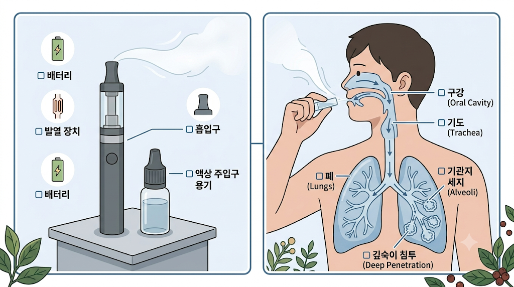 전자담배 기기와 액상에서 발생하는 에어로졸의 흡입 경로 및 폐 건강 위험을 설명하는 건강 정보 일러스트
