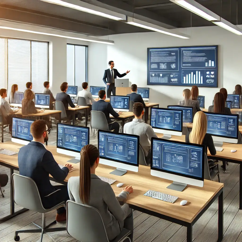 강의실에서 컴퓨터 수업을 듣는 사람들