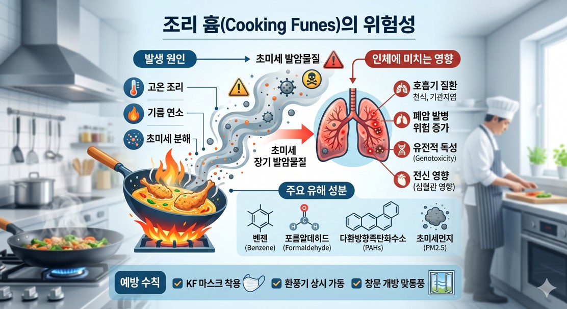 조리 흄의 위험성을 경고하는 인포그래픽 스타일의 주방 배경 이미지