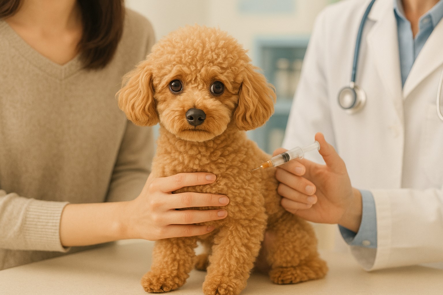 진료대 위에서 긴장한 듯 앉아 있는 푸들에게 수의사가 어깨에 주사를 놓는 장면, 옆에서 보호자가 지켜보는 모습