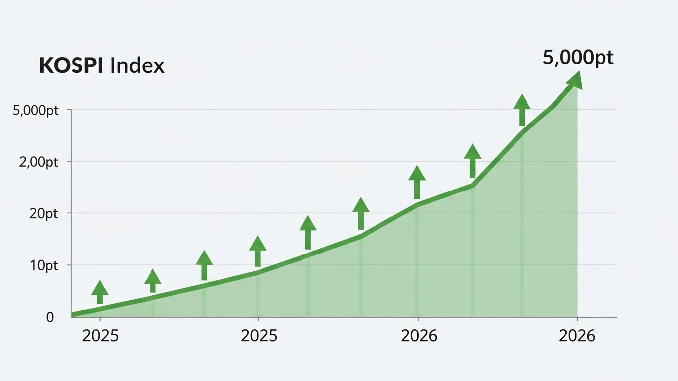 Line chart showing KOSPI index rising from 2025 to 2026, hitting a peak labeled '5,000pt', clean infographic style with upward green arrows