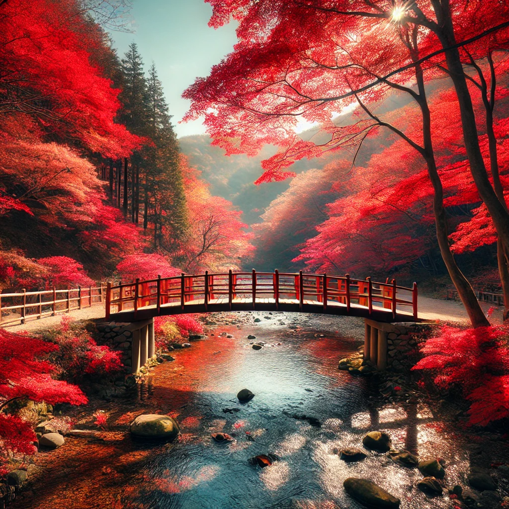 단풍이 든 나무사이에 물이 흐르고 그 사이를 이어주는 다리