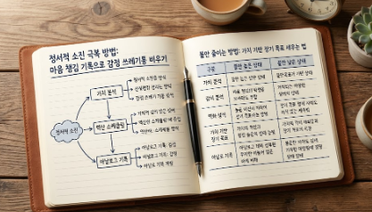 정서적 소진 극복 방법과 마음 챙김 기록 방법을 위해 자가 진단 테스트와 '5분 지연', '가치 기록' 전략을 도표로 정리한 집중 노트와 아날로그 시계 사진