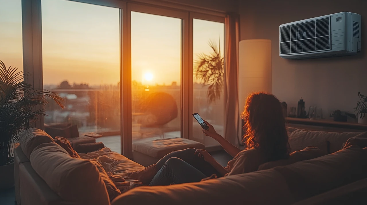도시 아파트의 효율적인 에어컨 사용과 가격 비교. 넓은 창문을 통해 자연빛이 들어와 환하게 비치는 공간에서, 리모컨으로 조절하며 실내 온도를 최적화하였습니다.
