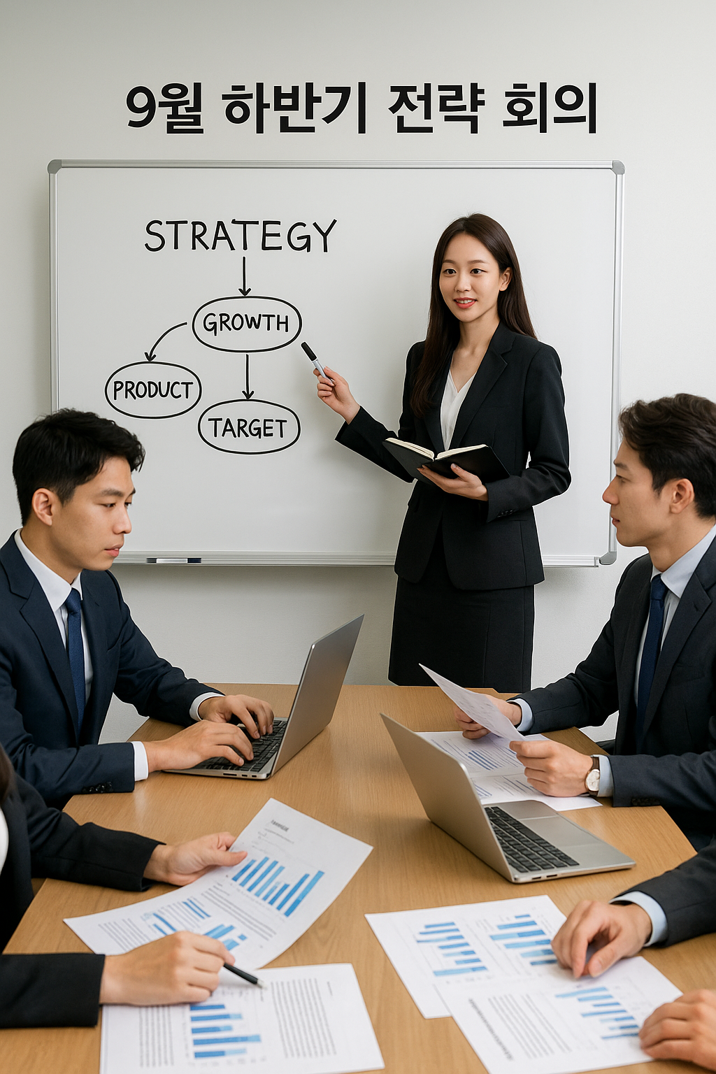 9월 하반기 전략 회의 장면, 프로페셔널한 느낌, 노트북과 보고서, 화이트보드에 간단한 전략 다이어그램