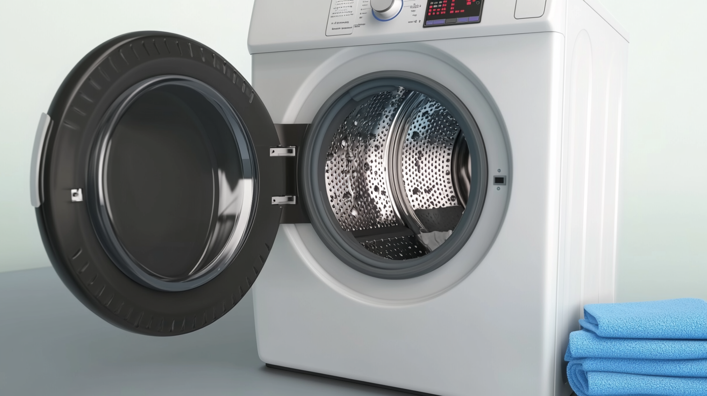 삼성 WF24CB8850BW 세탁기의 혁신적이고 항균적인 세탁 시스템이 클로즈업으로 보여지는 장면입니다. 세탁실 환경에서 위생을 철저히 관리하는 기능을 부각시킵니다.