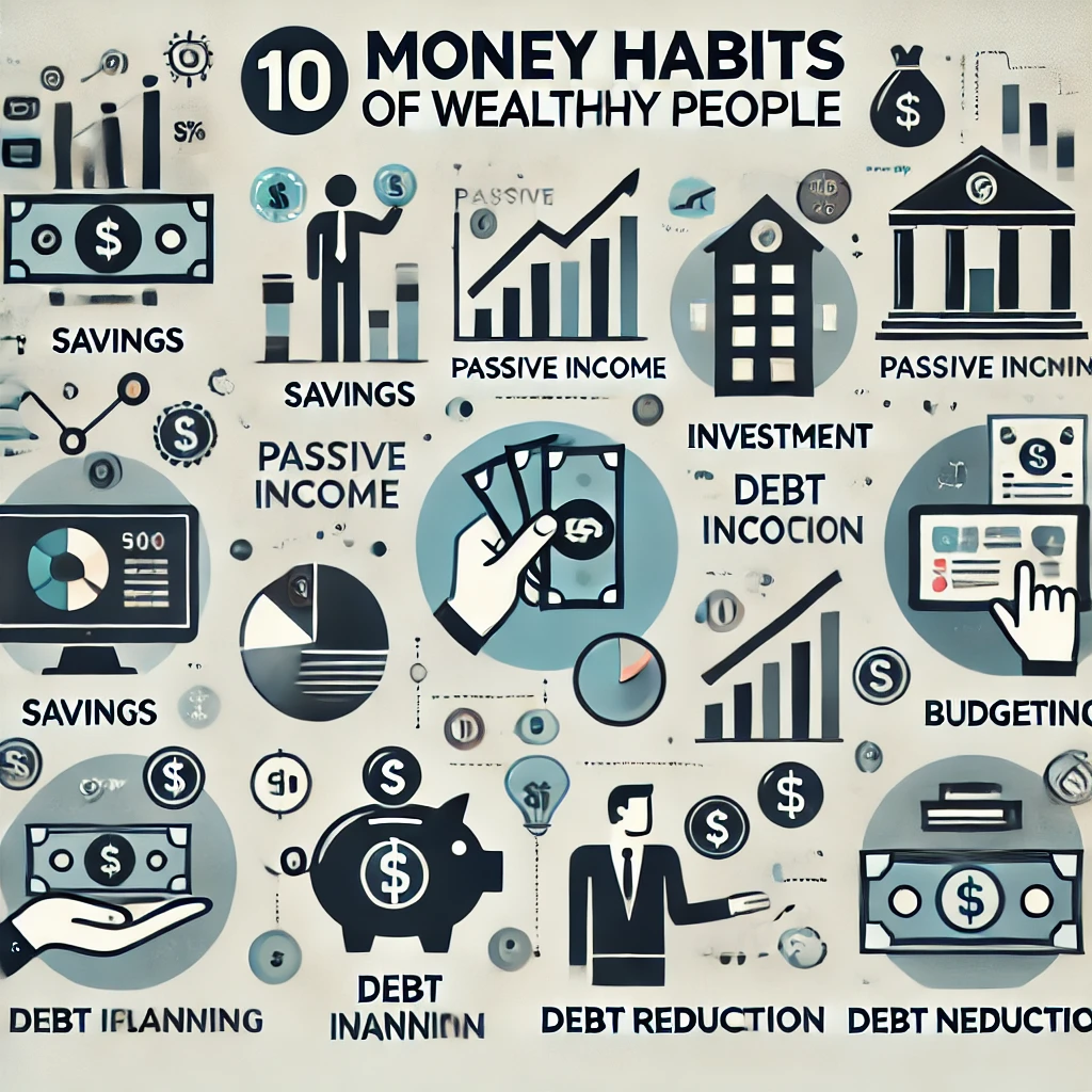 부자가 되는 10가지 돈 관리 습관을 시각적으로 표현한 인포그래픽. 절약, 투자, 재테크 공부, 부채 관리, 다양한 수입원 창출, 네트워킹 등 부자의 재정 습관을 나타내는 아이콘과 함께 현대적이고 직관적인 디자인으로 구성된 이미지.