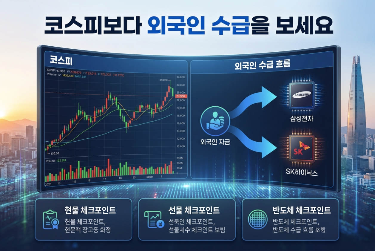 코스피 반등과 외국인 수급, 삼성전자와 SK하이닉스 매매 흐름을 설명하는 투자 체크 이미지