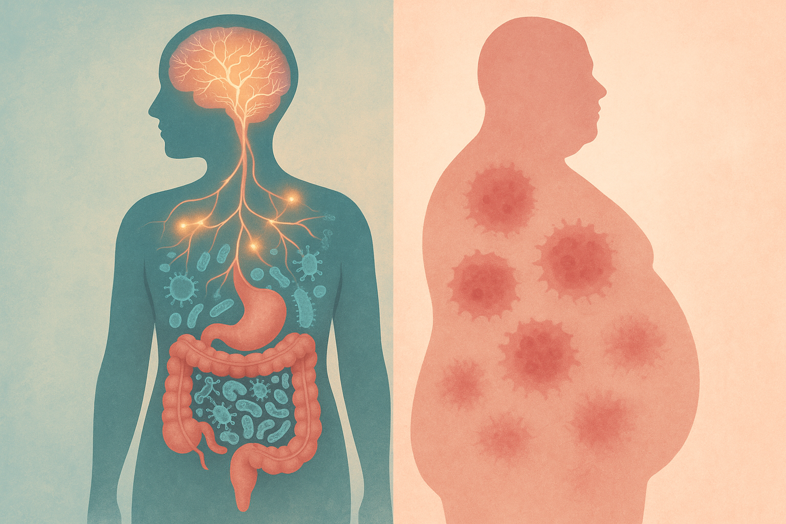 장 속 미생물과 비만과의 관계를 나타내는 일러스트