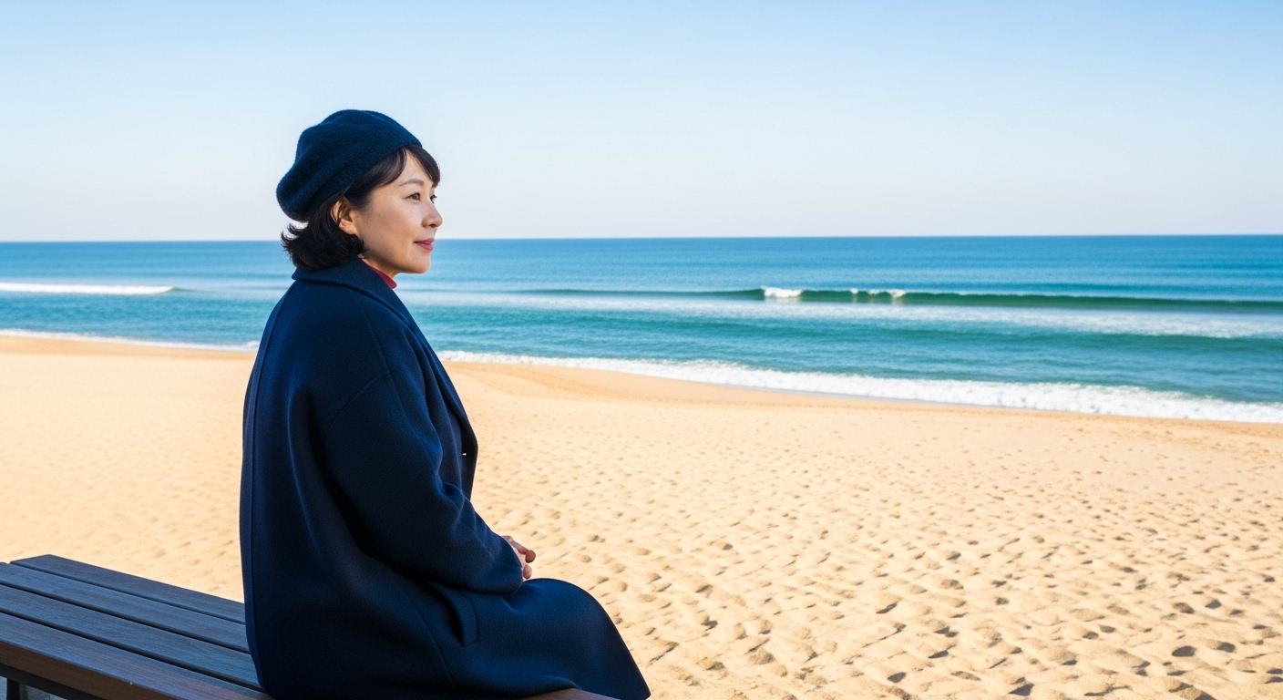 강릉 바닷가 벤치 위 50대 한국 여자 여행자