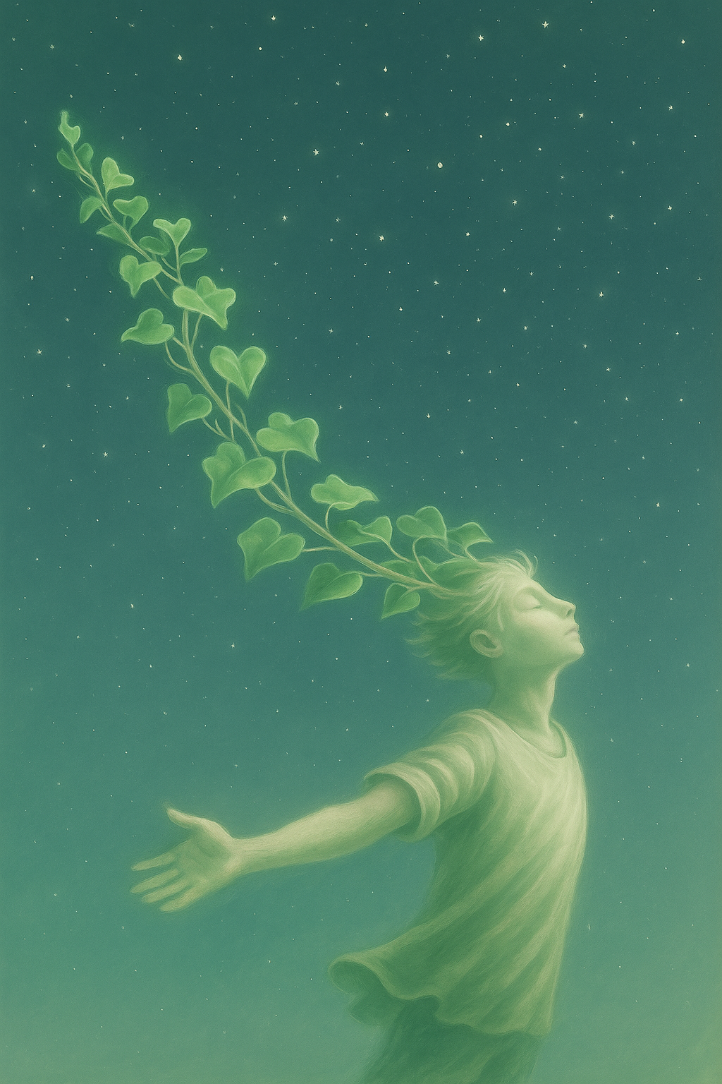 밤하늘 아래에서 식물이 머리에서 자라나는 인물의 몽환적인 일러스트