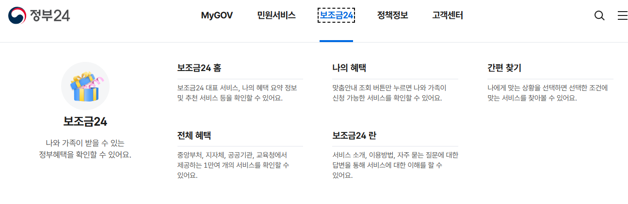 정부24 사이트의 보조금 24