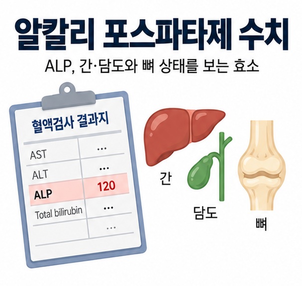 알칼리 포스파타제 수치라는 제목과 혈액검사 ALP, 간 담도와 뼈를 함께 표현한 대표 이미지