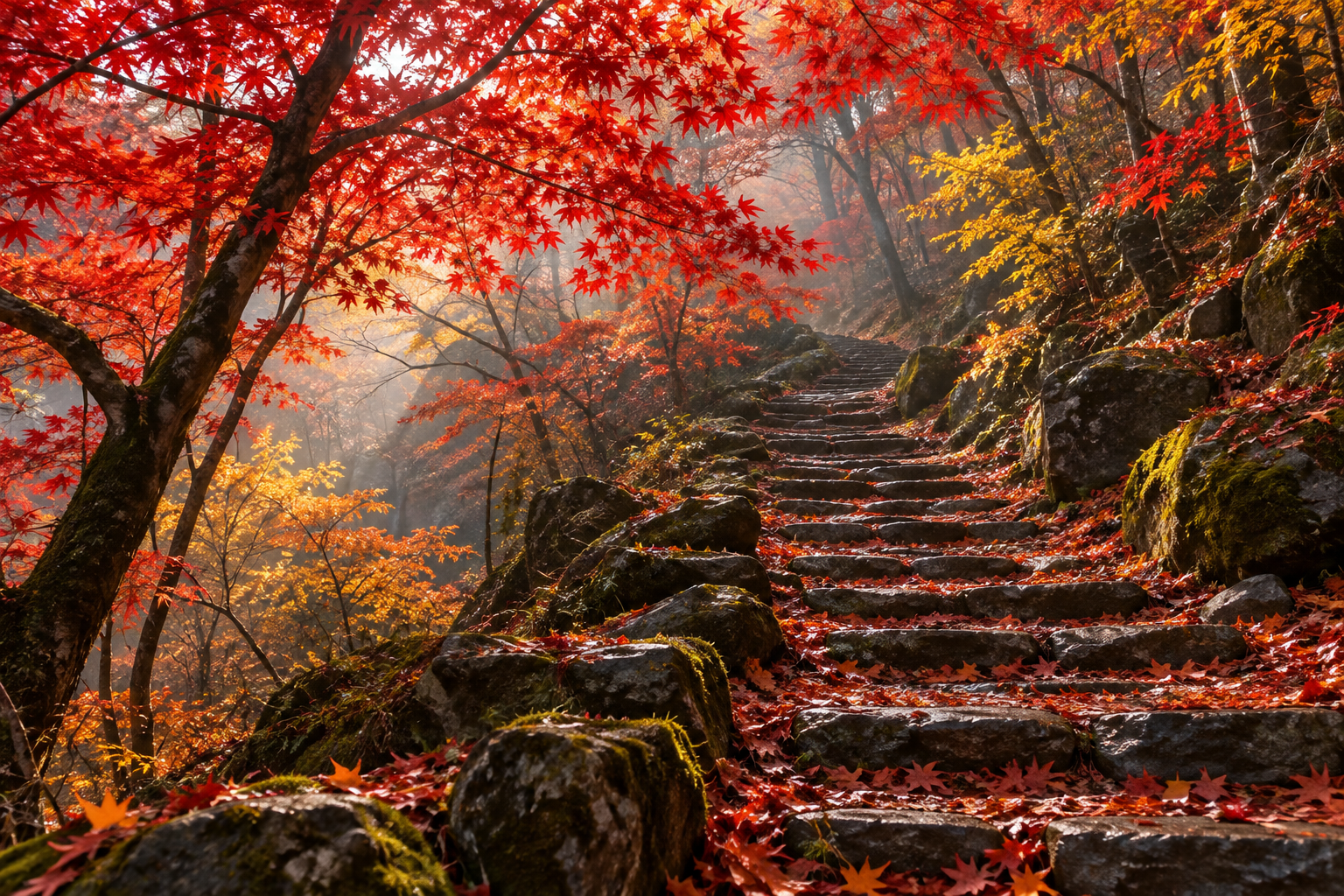 다카오산 단풍 시기 붉게 물든 산길