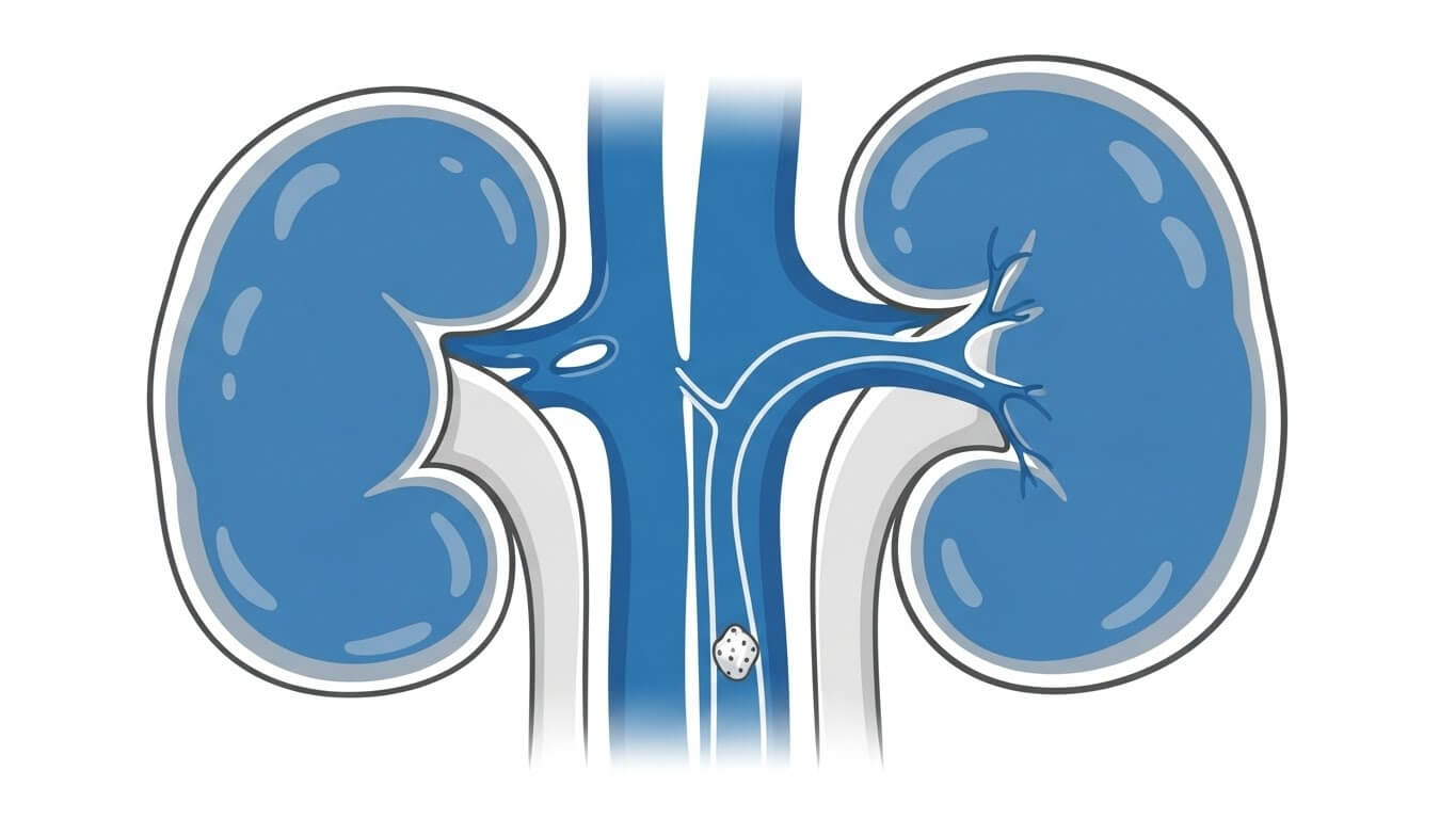 신장 내부 요로결석이 있는 모습을 나타낸 간단한 의학 일러스트, 소변관에 걸린 결석 표현