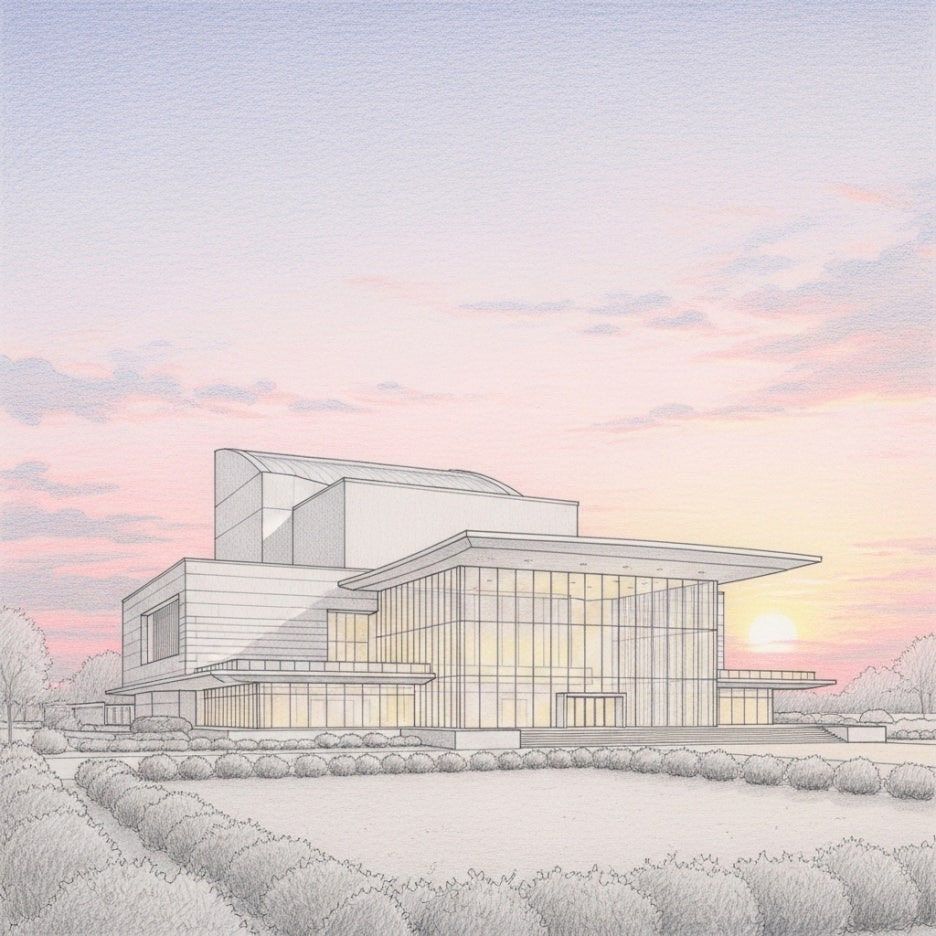 노을 지는 하늘 아래 세련된 공연장 전경