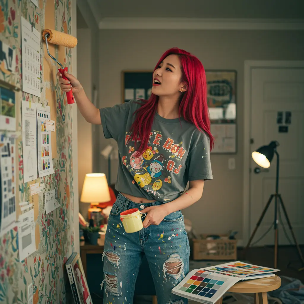 벽 인테리어 방법을 고민하는 여성 이미지