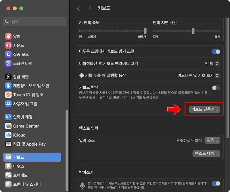 macOS에서 입력값이 변경된 caps lock키에 입력소스 선택 단축키를 적용하기 위해 시스템 설정 창을 연 화면