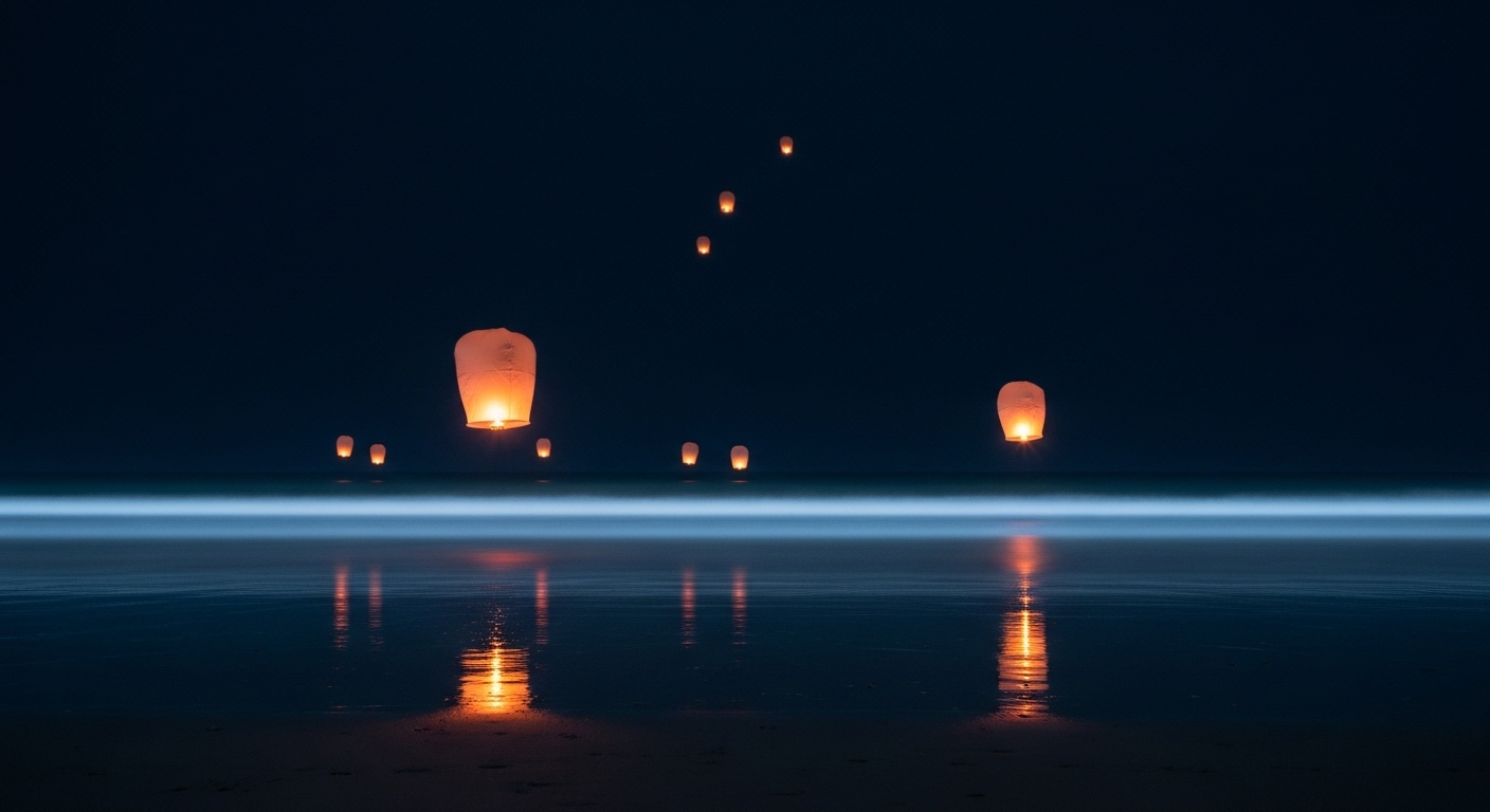 2025 해운대 빛축제 중 해변에서 밤하늘로 떠오르는 여러 개의 소망 풍등. 은은한 해변의 빛과 어우러져 평화롭고 아름다운 겨울밤의 풍경을 자아낸다.