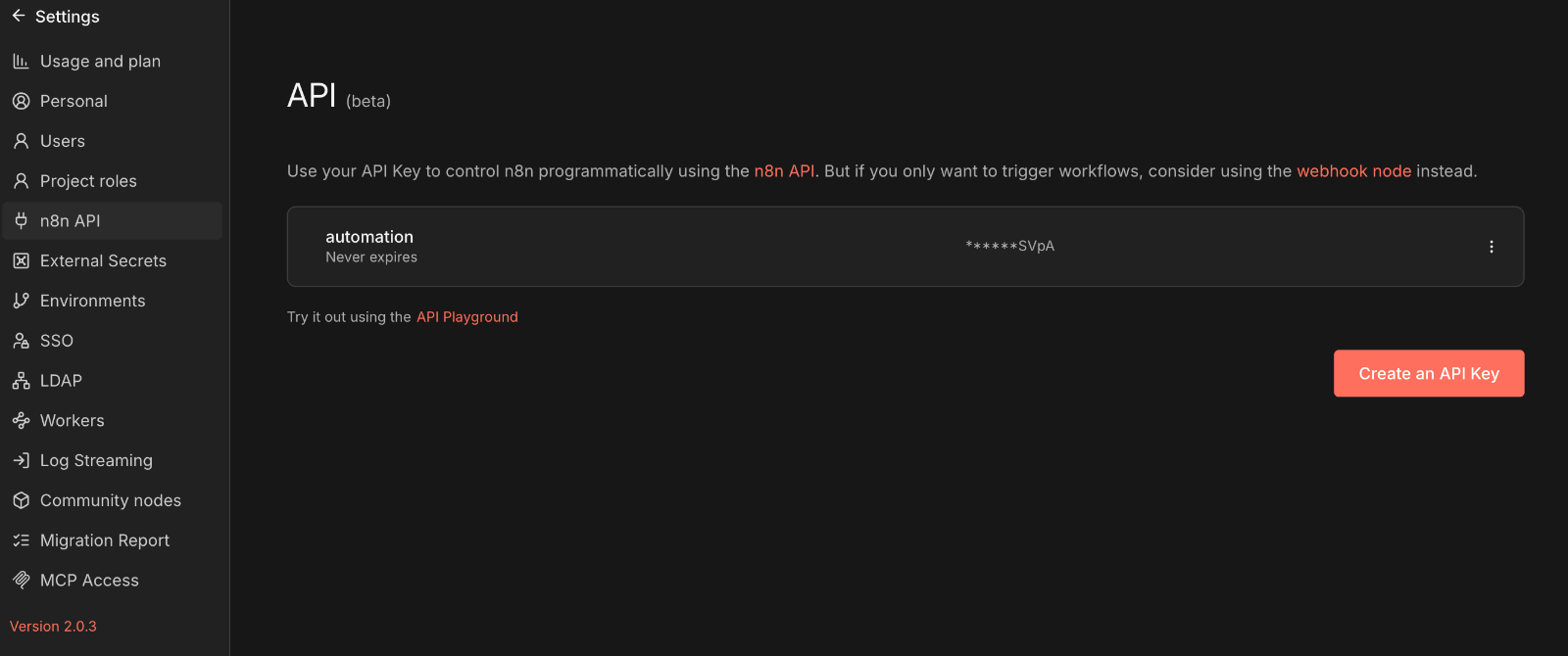 n8n 인스턴스의 환경설정에서 n8n API 메뉴를 선택하면, API 키를 생성할 수 있습니다