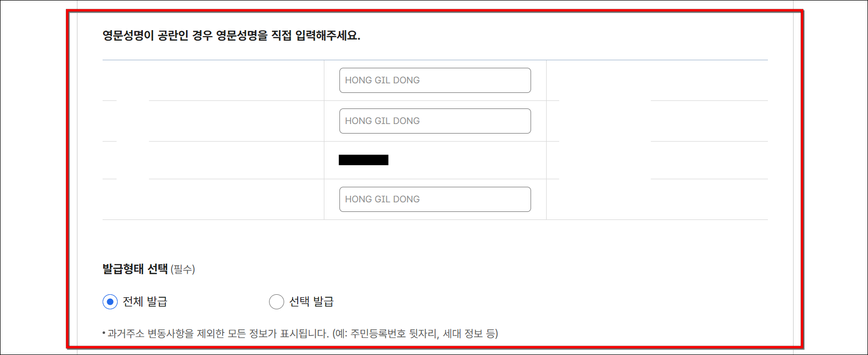 영문 성명이 공란인 경우 영문 성명을 직접 입력하고, 발급 형태를 선택
