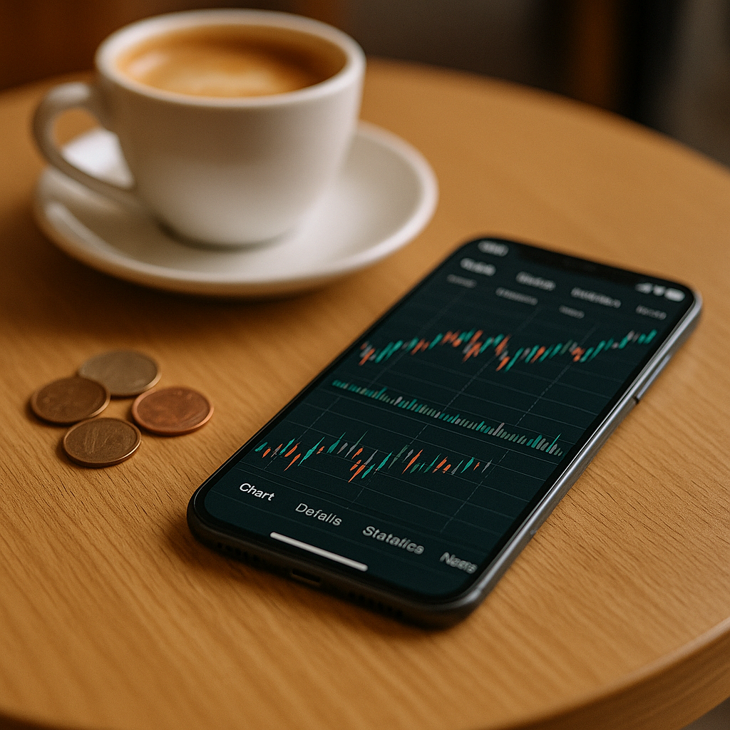 동전과 스마트폰 주식 그래프 화면