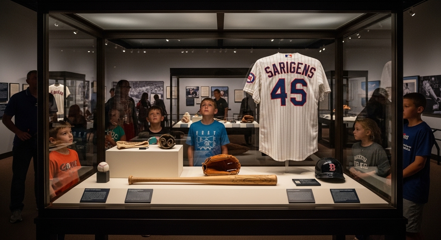 야구 명예의 전당 내부, 전설적인 선수들의 유니폼, 배트, 글러브 등 역사적인 유물이 전시된 진열장을 방문객들이 경외심을 가지고 바라보는 모습.