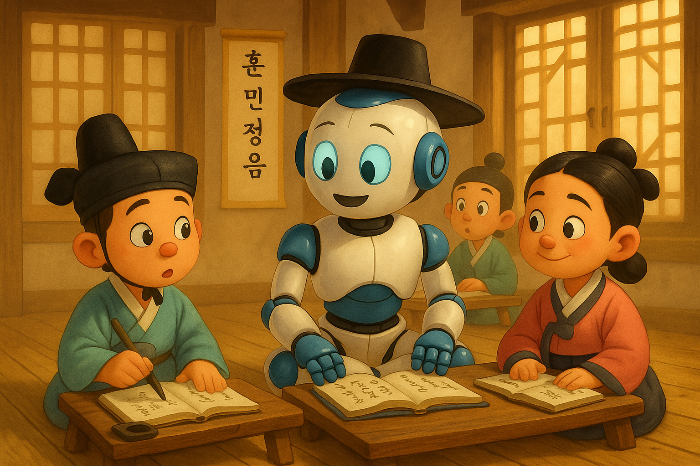 AI로봇이 학당에서 도덕 공부를 하는 모습을 표현한 이미지