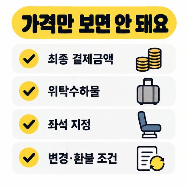 최종 결제금액과 위탁수하물, 좌석 지정, 변경 환불 조건을 비교하는 항공권 선택 카드