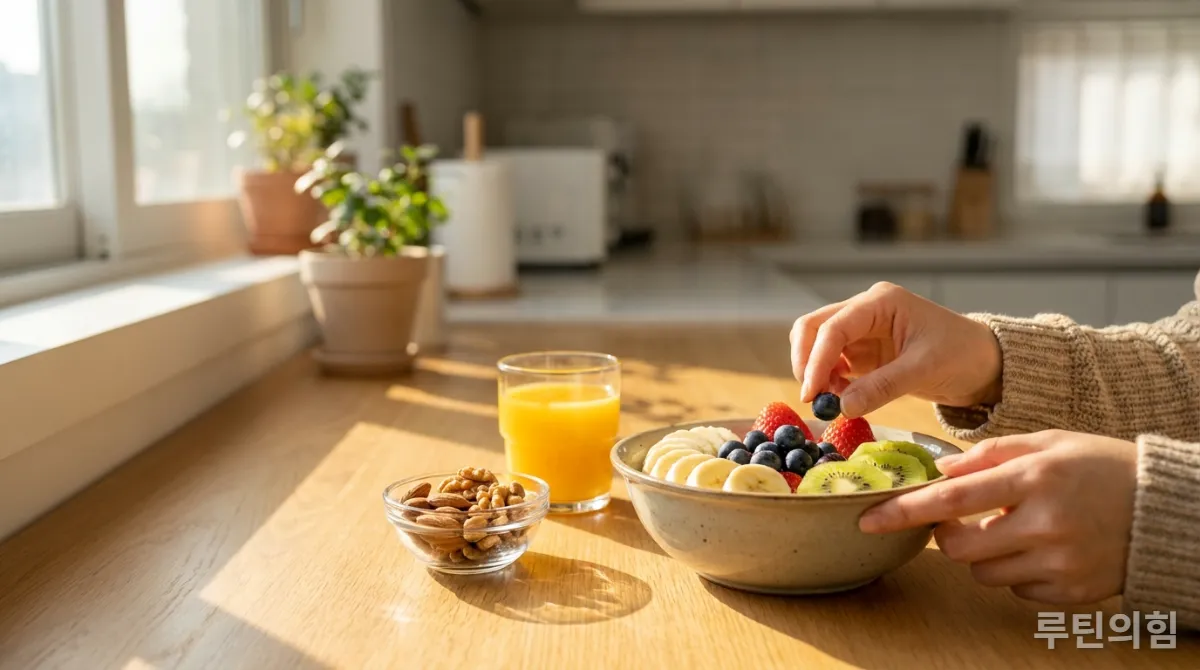 뇌 건강에 좋은 과일, 견과류, 음료가 놓인 한국 가정의 아침 식탁