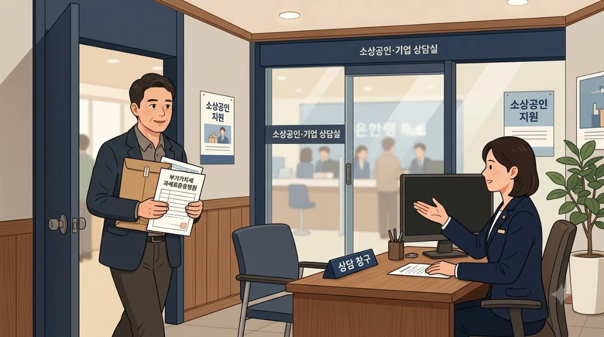 한국인 소상공인 사장이 서류 봉투와 부가가치세 과세표준증명원을 들고 은행 창구 상담실에 입장하는 장면.